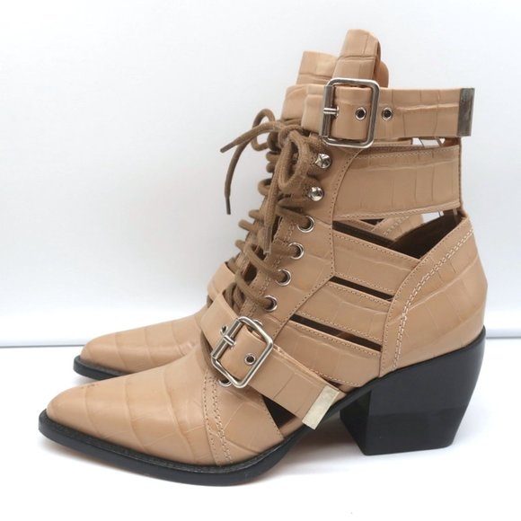 CHLOE RYLEE CUTOUT LACE-UP ANKLE BOOTS BEIGE CROC-EFFECT LEATHER SIZE 38.5 - Picture 6 of 12